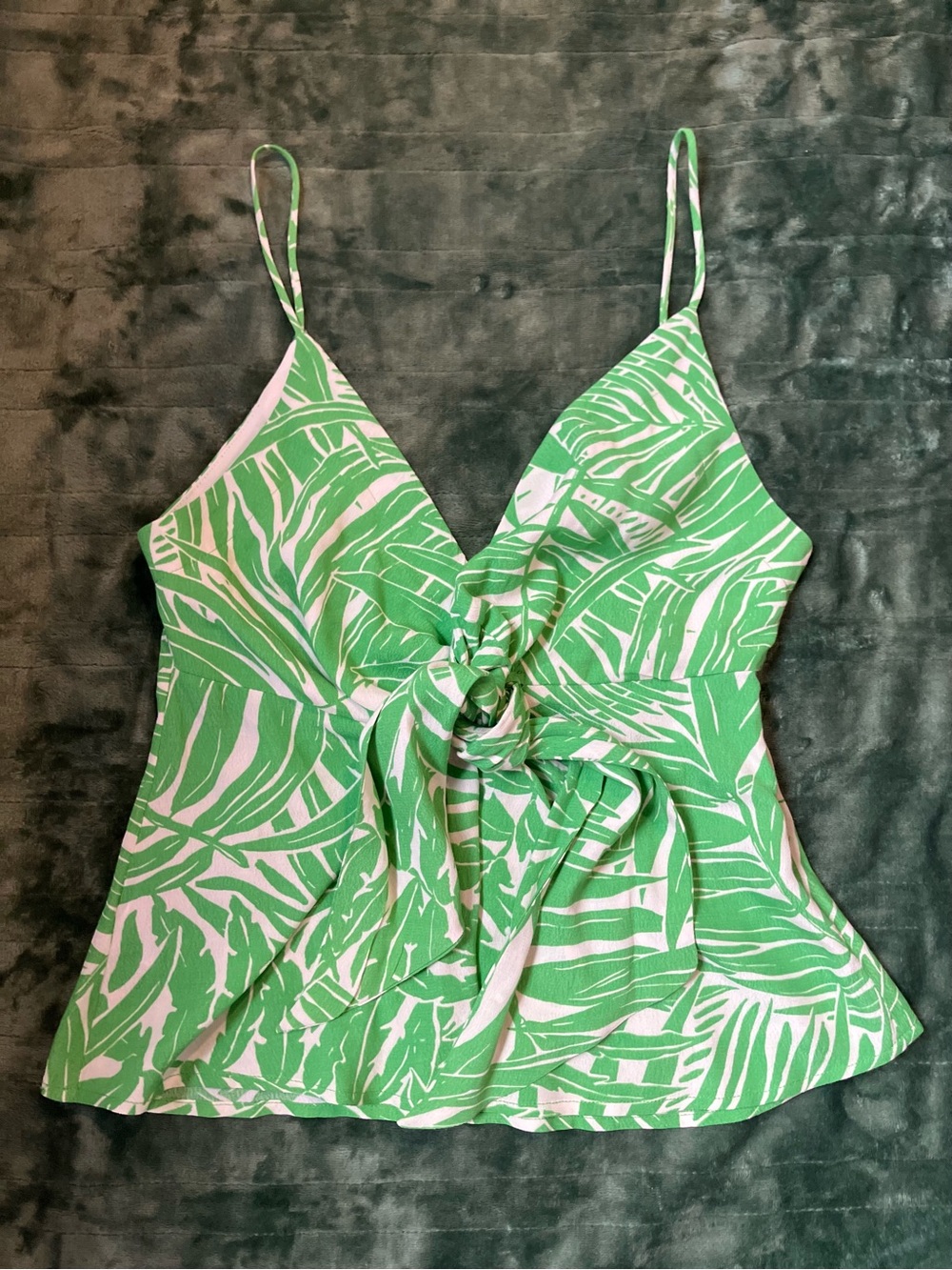 Mango Green and White Leaf-Print Tie-Front Cami